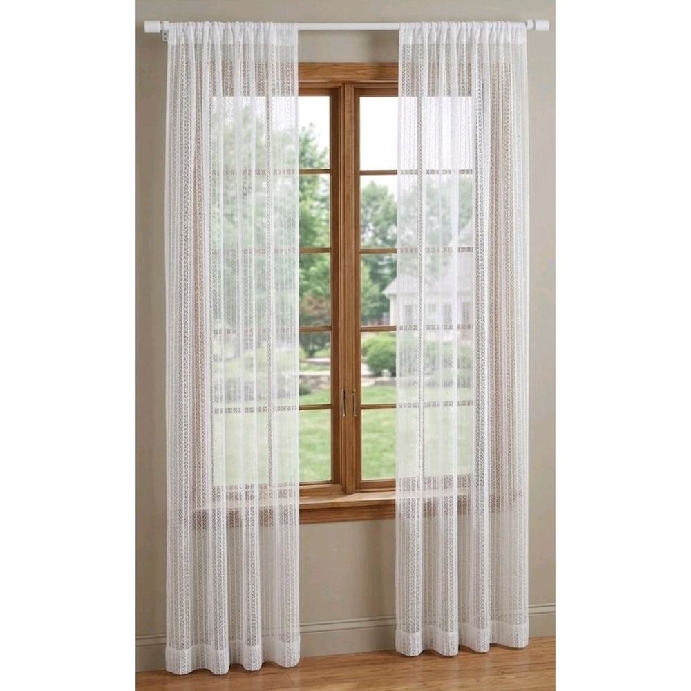 Vintage Open Weave Boho Rod Pocket Curtain Panels Pair Cream Tan 39.5x75.5